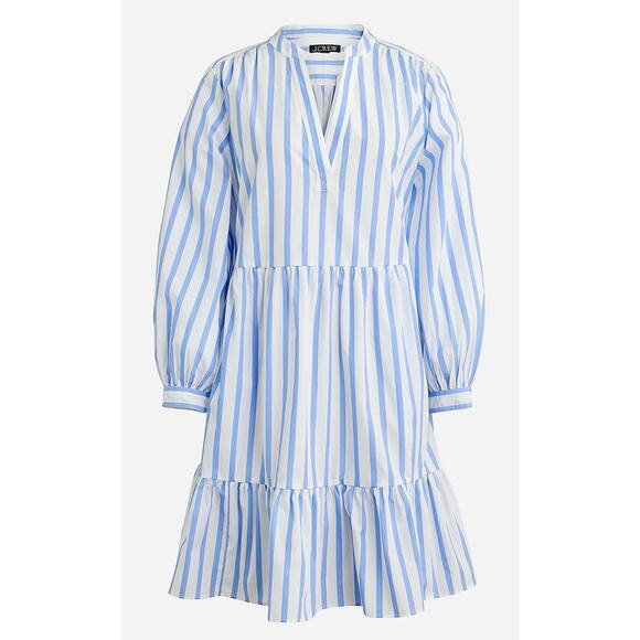 J. Crew Tiered Popover Poplin Mini Dress Blue Striped Size Medium - Picture 5 of 14